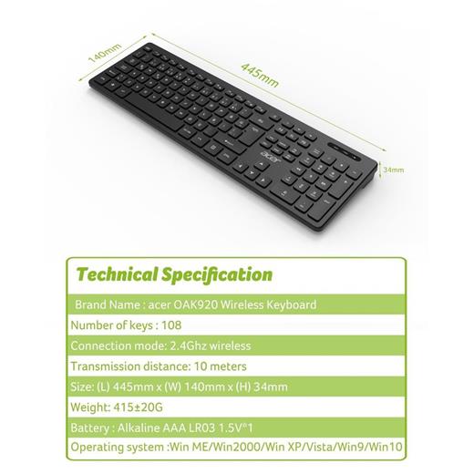 Acer Oak-920 Siyah Kablosuz Klavye 2.4Ghz Caps Lock (Smart Tv- Wifi)(300.10.30.0090)