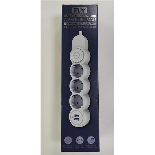 Fly 3393-01 3Lü 2Mt 2.1A Anahtarlı 2Usb Şarj Çıkışlı Akım Korumalı 2500W(400.70.20.0155)