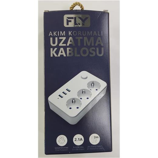 Fly 3406-01 3Lü Anahtarlı 2.1A 3Usb Şarj Çıkışı 2Mt Anahtarlı  Akım Korumalı Priz Çocuk Koruması(400.70.20.0157)