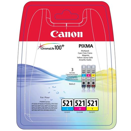 Canon Clı-521 Cyan-Magenta-Yellow Mavi-Kırmızı-Sarı 3Lü Multipack Mürekkep Kartuş(450.10.20.0052)