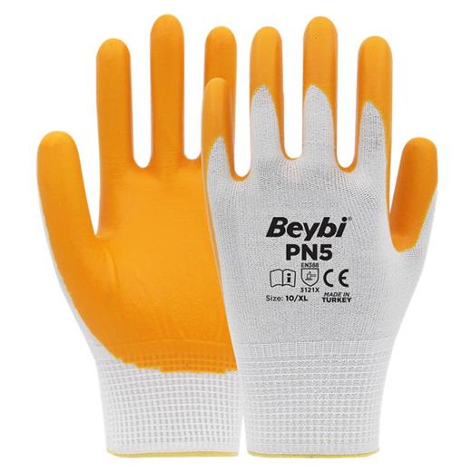 Beybi Nitril Pmk Pn5 Beyaz Sarı Örme Polyoster Nitril 10 Beden 12Li Paket En388 (3121X)(800.40.10.0015)