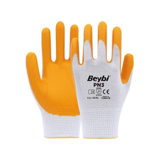 Beybi Pn3 Beyaz Sarı 10 Beden Polyester Örme Nitril Eldiven 12Li Paket En388 (2121X)(800.40.10.0017)