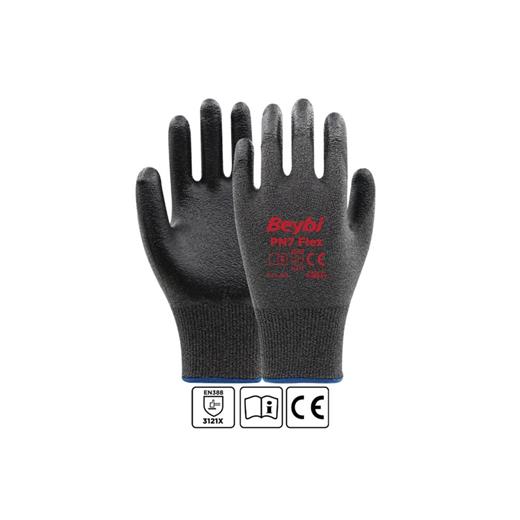 Beybi Pn7 Flex 10 Beden Nitril Kaplı Naylon Örme Eldiven 12Li Paket Gri-Siyah En388 (3121X)(800.40.10.0047)
