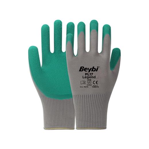 Beybi Pl17 9 Beden Gri-Yeşil 12Li Paket Legend Polyester Örme Lateks Eldiven (800.40.10.0080)