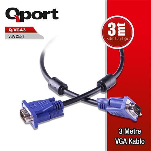 Qport Q-Vga3 15Pın Fitreli 3M Erkek Monitör Kablo