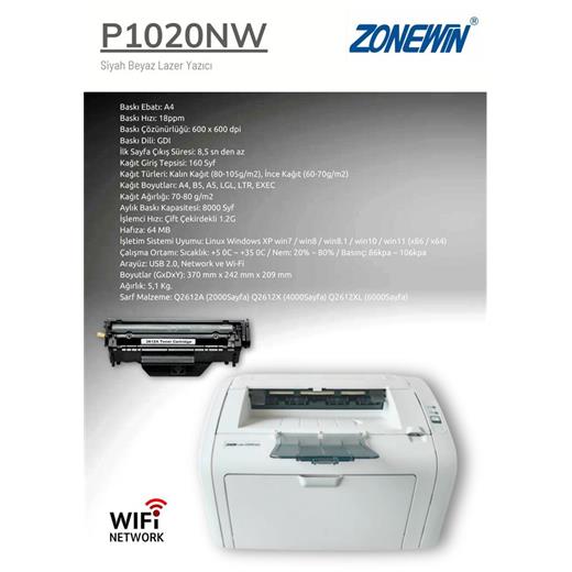 Zonewin 1020Nw Mono Laser A4 Yazıcı - Network, Wi-Fi(200.10.10.0018)