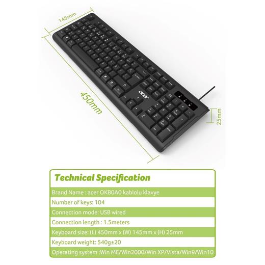 Acer Oak-0A0  Siyah Kablolu Sessiz Tuşlu  Klavye (Caps Lock) (Kablo Uzunluğu 1.50Cm) Caps Lock(300.10.30.0069)