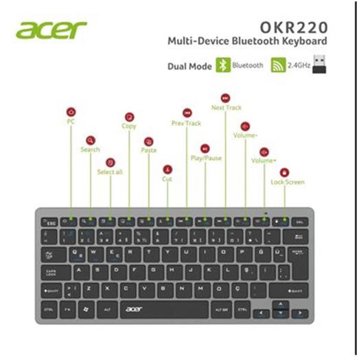 Acer Okr220 Siyah Multidevice Dual Mode 2.4Ghz Bluetooth Klavye (Smart Tv)(Android)(300.10.30.0086)