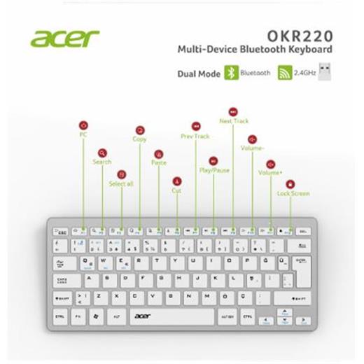 Acer Okr220 Beyaz Multidevice Dual Mode 2.4Ghz Bluetooth Klavye (Smart Tv)(Android)(300.10.30.0087)
