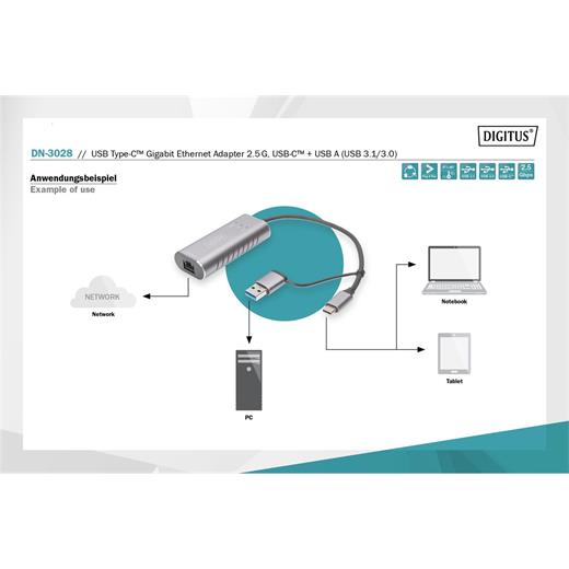 Digitus Dn-3028 Usb Tip C™ Gigabit Ethernet Adaptörü 2.5G, Usb-C™ + Usb-A (Usb 3.1-3.0)(300.40.10.0021)
