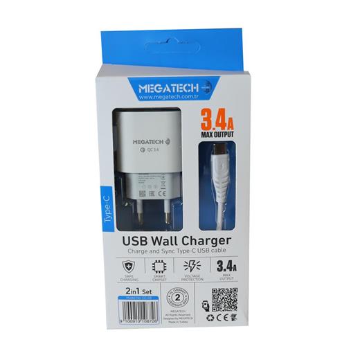 Megatech Cc-03 (Mt-Ct34 )3.4A Type-C Usb Kablo+ Ev Şarj Adaptör Hızlı Şarj(750.60.35.0067)