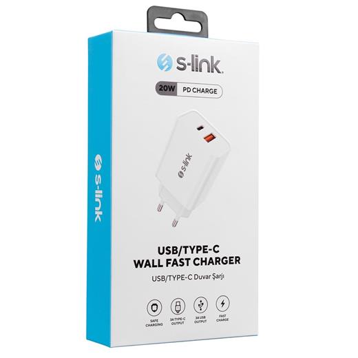 S-Link Sl-Ec60 20W Pd3.0-Quick Charge Qc3.0 Type Usb-C +Usb A Hızlı Beyaz Ev Şarj Adaptör(750.60.65.0016)
