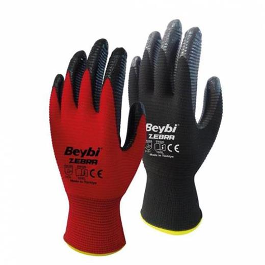 Beybi Nitril Poly Pnzebra 10 Beden Kırmızı Siyah Eldiven 12Li Paket En388 (3131X)(800.40.10.0023)