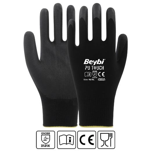Beybi 7 Beden 12Li Paket  Poliüretan Kaplı Pu Touch Siyah Montaj Eldiven  En388 (3121X) (800.40.10.0038)